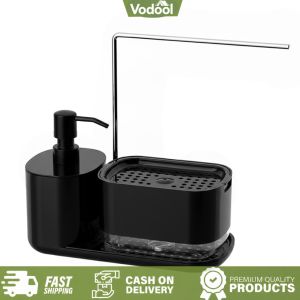 [VSC] Kitchen Sink Soap Dispenser with Tray and Sponge Holder Manual Push Soap Boxsoap Dispenser with Towel Rack Dish and Hand Soap Dispenser for Kitchen