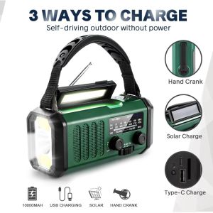 FFDWAA Hand-crank Solar-powered Radio 3 Modes with Flashlight Emergency Weather Radio Portable 10000mAh Reading Lamp for Home and Outdoor
