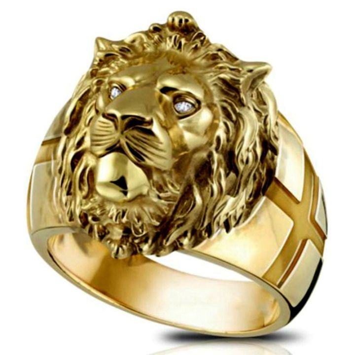 Design 18K Solid Yellow Gold Men Ring Lion King Diamond Jewelry