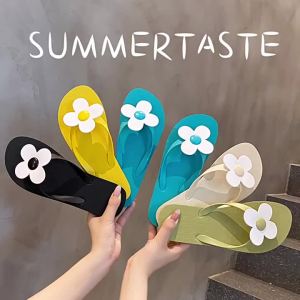 2024 New Flip-Flops Womens Outer Wear Summer Cute Flowers Fashion All-Matching Flat Bottom Flip-Flops Beach Slippers