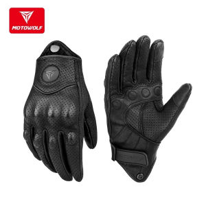 MOTOWOLF Men Women Male Genuine Leather Motorcycle Gloves Retro Breathable Windproof Durable Touch Screen Operation Design with Built-in Protector on Fist and Jount