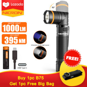 NICRON B75 / B75T ไฟฉายชาร์จได้พร้อมแสงอัลตราไวโอเล็ต 1000 ลูเมน 395nm และแสงสีแดง ไฟฉายหัวหมุน 90 องศาพร้อมฐานแม่เหล็ก IP65 กันน้ำสำหรับการล่าสัตว์กลางคืนแคมป์ ฉุกเฉิน
