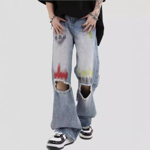 American Style Hand-Painted Spray Paint Distressed Jeans for Men High-End Cool Loose Straight Retro Blue Vintage Wide-Leg Pants