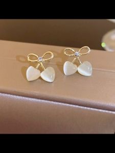 Anting Reben Hati🎀蝴蝶结爱心猫眼石耳钉 Bow Heart Opal Earrings 韩系简约甜美轻奢小众设计精致气质百搭 Korean Style Fashion Jewelry