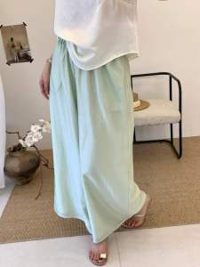 Women New Chinese Style Lyocell Wide Leg Pants Oriental High Waist Elastic Waist Breathable Casual Trousers Light Green M