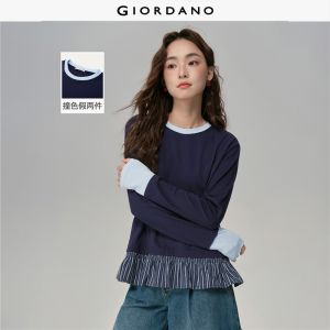 GIORDANO Women T-Shirts Fake 2-Piece Long Sleeve Tee Elastic Stripe Hem Simple Crewneck Chic Fashion Casual Tshirts 18325818