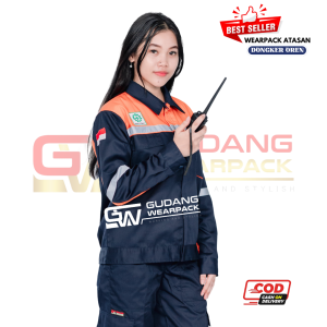 Wearpack Atasan Kemeja Proyek Warna Dongker Oren Resleting Lengan Panjang