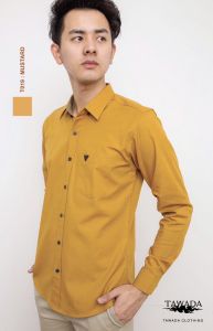 เสื้อเชิ้ตแฟชั่นสีเหลืองมัสตาร์ดทรง Slimfit ผ้า Oxford Cotton100% แบรนด์ TAWADA รุ่น T019-MUSTARD