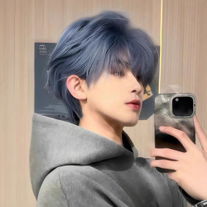 Smog Blue Wigs Boy Short Hair เวอร์ชั่นเกาหลีหล่อและแตกต่างกัน Cover Daily Fluffy Men Simulation Hair Full Hood Style