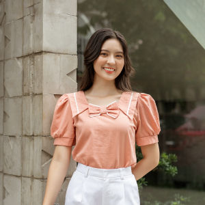 Áo kiểu nữ công sở tay phồng cổ nơ viền trắng thời trang Eden - ASM209