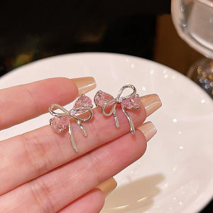 ต่างหูเพทายโบว์สีชมพูผู้หญิงต่างหูอารมณ์หวานอ่อนโยนสไตล์ฝรั่งเศสต่างหูระดับไฮเอนด์ Culolo