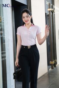 Áo sơ mi nữ công sở mcfashion tay ngắn cổ chữ Y chất siêu hàn trẻ trung màu hồng pastel xanh trắng a 739