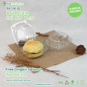 Mika Plastik Hamburger Bulat Sedang Mika Roti Burger Makanan Kemasan Sekali Pakai isi 50 pcs