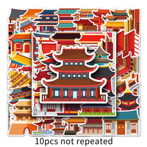 50PCS Outdoor Scenery Chinese Style Ancient Building Cartoon Graffiti Waterproof Sticker