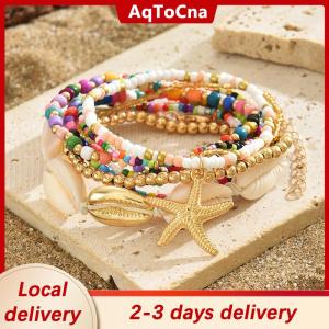 [COD] AqToCna Ship within 24 hours 7Pcs Bohemian Style Starfish Shell Hand Woven Bracelet For Women Girls Fashion Beaded Bracelet Summer Beach Vacation Accessories