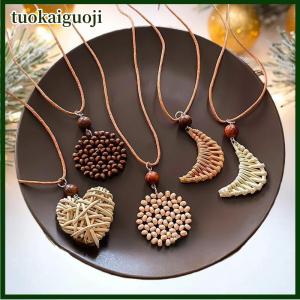 tuokaiguoji Bohemian Handmade Wooden Straw Woven Heart Moon Long Pendant Necklaces Adjustable Rope Chain Chokers For Women Birthday Gift