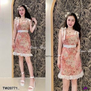TW20771  เดรสผ้าลูกทอ แขนผูกโบว์ แต่งลูกไม้ ..