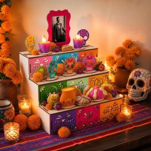 FORTUNESS DIY Day of Dead Ofrenda Box Skulls Candles Wooden Mexican Fiesta Party Decor Unique Home Kitchen Decor Memorial Display Box Home Decor