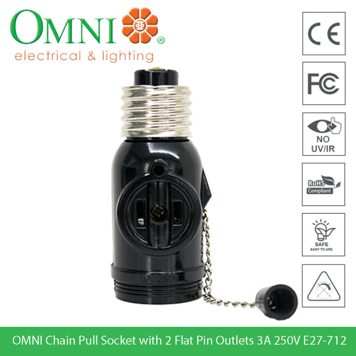 OMNI Chain Pull Socket with 2 Flat Pin Outlets 3A 250V Model E27-712