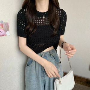 Sweet Knitted Blouse For Women Hollow-out Round Neck Short Sleeved T-shirt Women Simple Loose Fitting Blouse