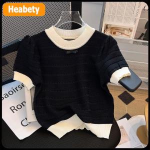 【2-3 ngày giao hàng】 Mùa Hè Ngọt Ngào Rỗng Dệt Kim T-Shirt Phụ Nữ Màu Sắc Tương Phản Cổ Tròn Ngắn Tay Áo Crop Top