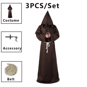 Rabbite Medieval Monks Hooded Priest Robe Wizard Halloween Cosplay Costume Adult For Men Women