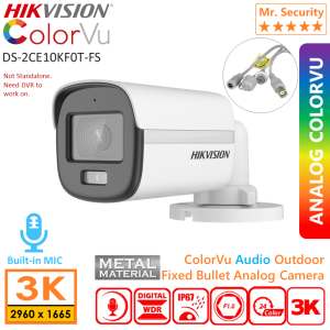 HIKVISION DS-2CE10KF0T-FS 3K(5MP 16:9) ColorVu Analog Audio Bullet Camera Built-in Mic Switchable (TVI/AHD/CVI/CVBS) CCTV Camera