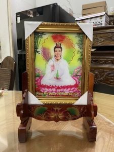 COMBO KHUNG HÌNH MẸ QUAN THẾ ÂM BỒ TÁT - CHÂN TĂNG ĐƠ HOA SEN ĐẮP NỔI GỖ TRÀM VÀNG