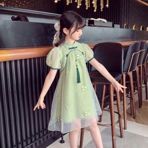 BM Studio Girls Dress Cheongsam Childrens Wear Tang Dress Summer New National Style Sweet and Atmosphere Embroidered Princess Dress สไตล์ต่างประเทศ