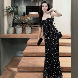 Set tiểu thư chấm bi sang chảnh set 2 dây peplum set dự tiệc áo quây cup ngực chấm bi nơ mix chân váy dáng dài quyến rũ