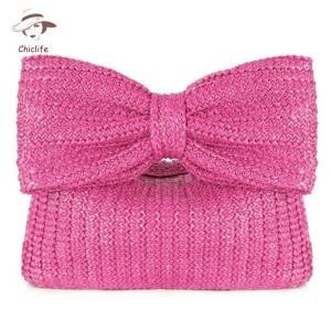 Women Straw and Crochet Wristlet with Bow Elegant Clutch for Weddings and Casual Outings