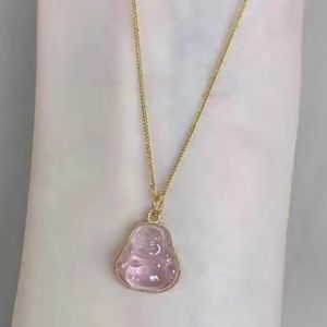 2024 New Pink Stone Buddha Necklace for Women Niche Design Pendant Maitreya Buddha Big Belly Buddha Pendant