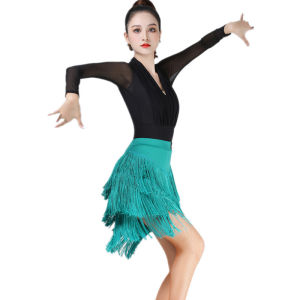 QBELY Women Latin Dance Skirt 2 Pcs Suits Ballroom Rumba Samba Tassels Dancewear Adult Female Training Chacha Performance Costume