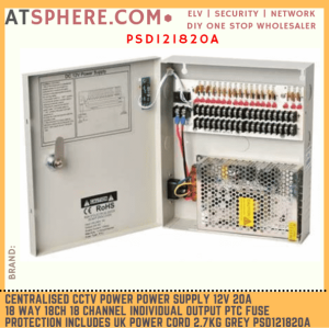Centralized CCTV Power Supply 12V 20A 18 Way 18ch 18 Channel Individual Output Fuse Protection UK Power Cord PSD121820A