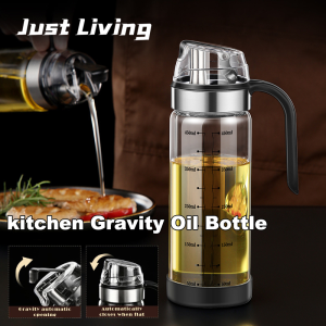JustLiving Kitchen Gravity Oil Bottle Glass Sealed Soy Sauce Bottle with Metered Scale Spill-proof Vinegar Bottle Silicone Non-slip Automatic Opening and Not Breakable