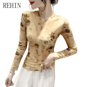 REHIN Autumn/Winter New Fashion Mesh Printed Long Sleeve T-shirt Round Neck Slim Fit Base Layer Floral Womens Top