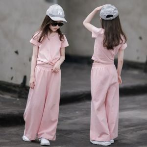 2PCS Terno Set For Kids Girl Children Short Sleeve Top And Wide-Leg Pants Casual Loose Summer Suits Girls Clothing7-16Yrs