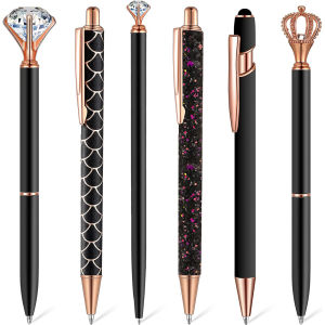 W10 6 Pc Diamond Shaped Gel Pens Set Children Students Black Refill Ball-Point Pen Bullet Tip 0.5mm School Office Supplies Stationer