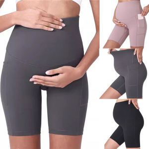 Quần soóc tập yoga thai sản mang thai xà cạp với hai túi cho phụ nữ eo cao mang thai xà cạp cho tập luyện Pilates