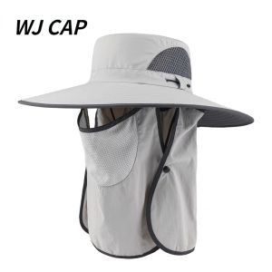 【 WJ 】หมวกปีกกว้างกันแดดและหมวกบังแดดสำหรับผู้ชายกลางแจ้งป้องกันรังสียูวีและมาส์กหน้าสำหรับผู้ชายหมวกบังแดดเส้นรอบวงหัวใหญ่ Topi Memancing อเนกประสงค์