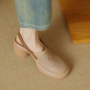 [Free Shipping] Baotou Platform Sandals With Thick Soles And Hollowed-Out Design WomenS Summer Chunky Heel Round-Toe Single-Strap Backless Roman Sandals
