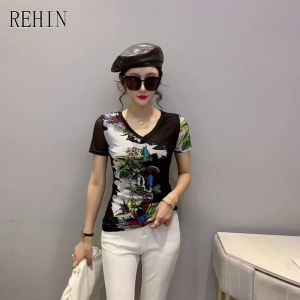 REHIN Womens top Summer fashion mesh graphics print short sleeve T-shirt V-neck slim and thin tide tops