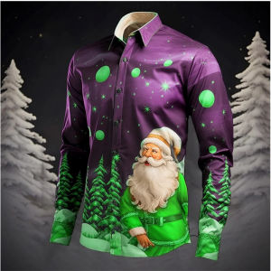 Santa Claus Christmas Tree Casual Mens Shirt Christmas Autumn and Winter Long Sleeve XS-6XL Four-way Stretch Fabric Shirt