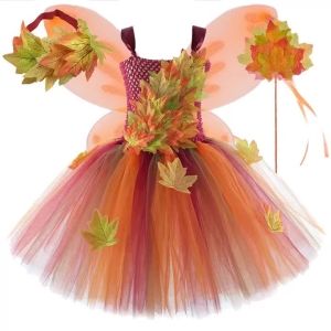 Autumn Maple Leaves Fairy Costumes for Girls Forest Woodland Elf Princess Dresses with Wings Children Halloween Christmas Outfit2026