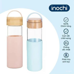 Bình nước thủy tinh Inochi 500ml nắp tre vỏ bọc silicon chịu nhiệt an toàn  - màu xanh không quai