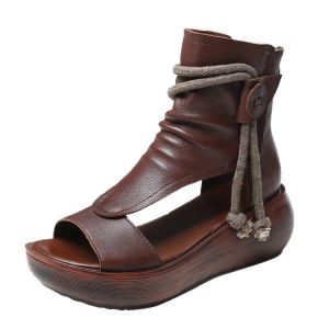 [Free Shipping] Summer Casual Roman Sandals Fashionable New High-Top Height-Increasing Wedge-Heeled Soft Leather Thick-Soled Open-Toe Sandals For Women