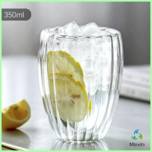 Mexin พร้อมส่ง ถ้วยกาแฟสองชั้น จีบรอบใบ ถ้วยน้ำผลไม้สไตล์แฟชั่น 250ml 350ml 450ml  Creative glass