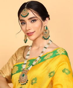 Reesha Jewel - Indian Long Necklace Set in Green White Colors