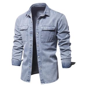 Fuguiniao 100% Áo sơ mi denim nam thường ngày màu trơn dày Tay Dài Áo sơ mi cho nam mùa xuân quần bò chất lượng cao áo phông cho nam
