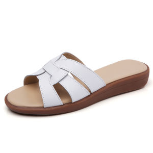 [Free Shipping] New Summer Style Non-Slip Fashionable Cowhide Slippers for Women Flat Casual Korean Style Beach Sandals for Women